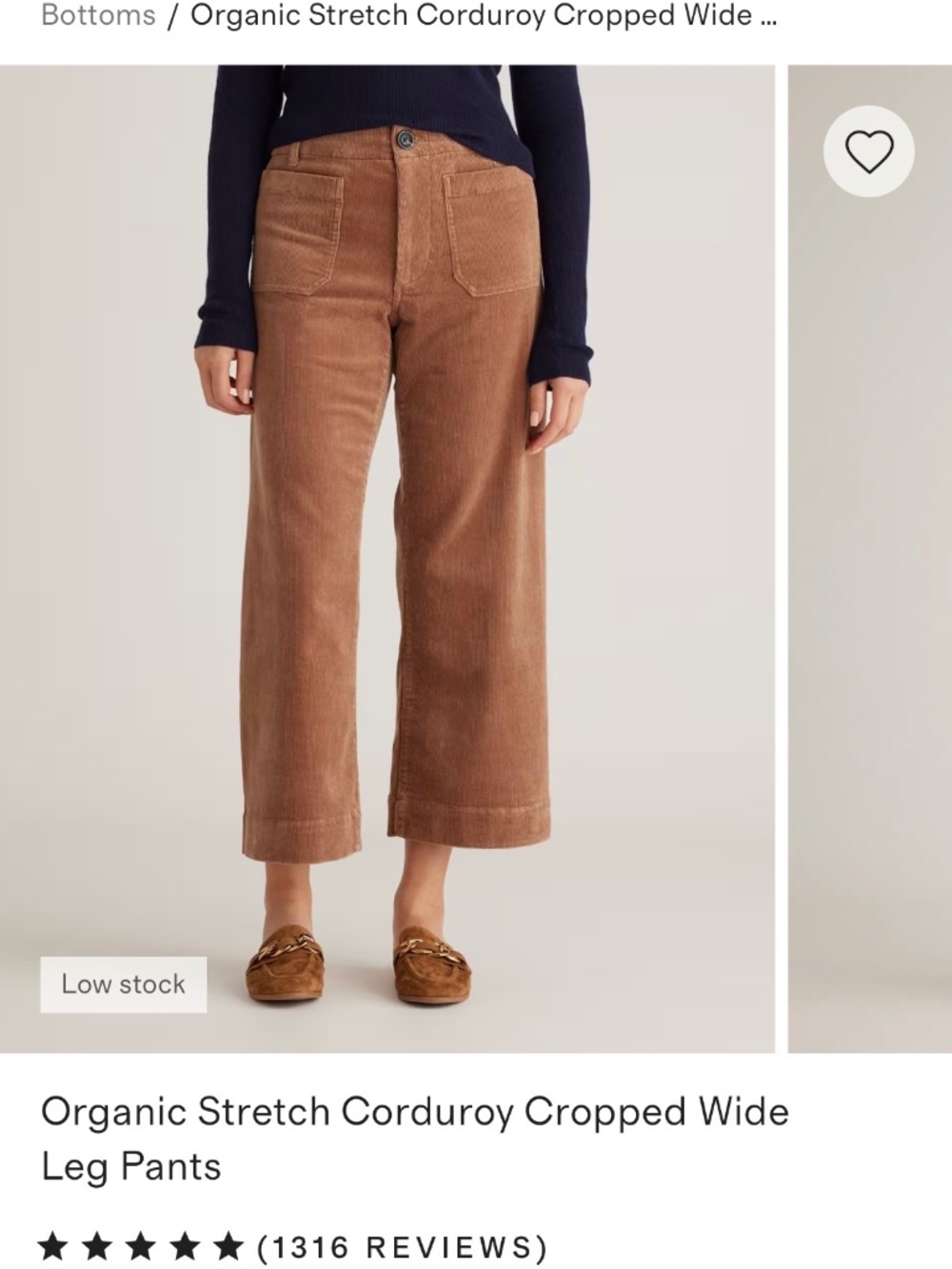 Quince organic stretch cropper wide leg corduroy pants